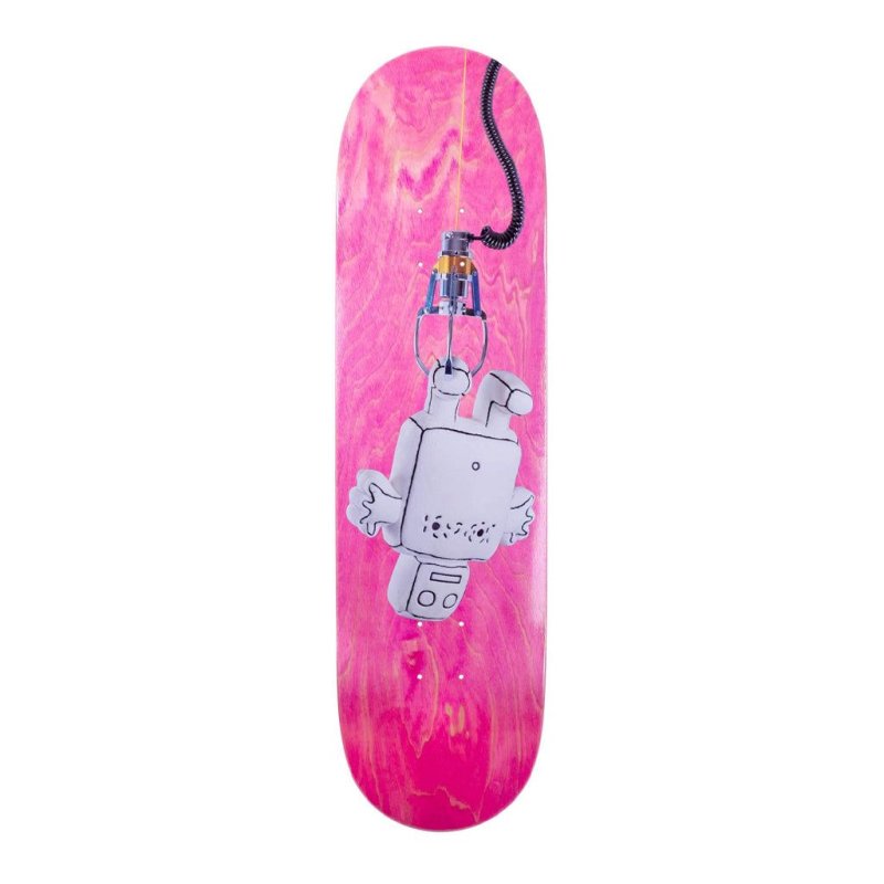 A pink skateboard deck featuring a graphic of a white, winged cartoon character being lifted upside down by a claw mechanical claw.